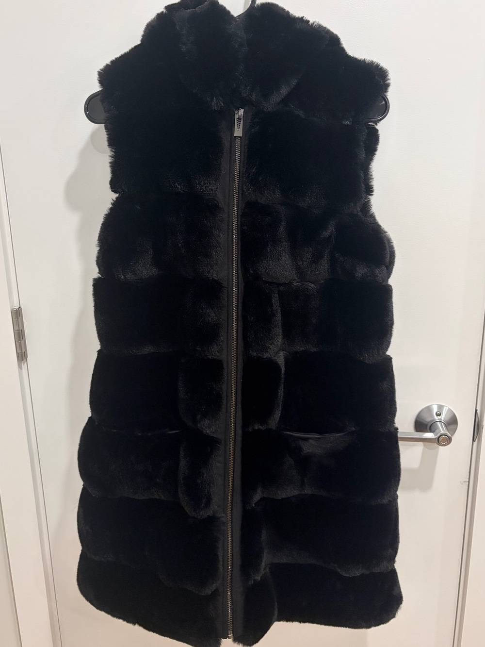 Faux Fur Via Spiga Long Coat Vest Sz S Black Hood Warm Fuzzy No sleeves Vegan